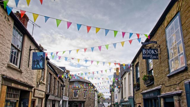 Bunting across the street in Hay-on-Wye, Powys