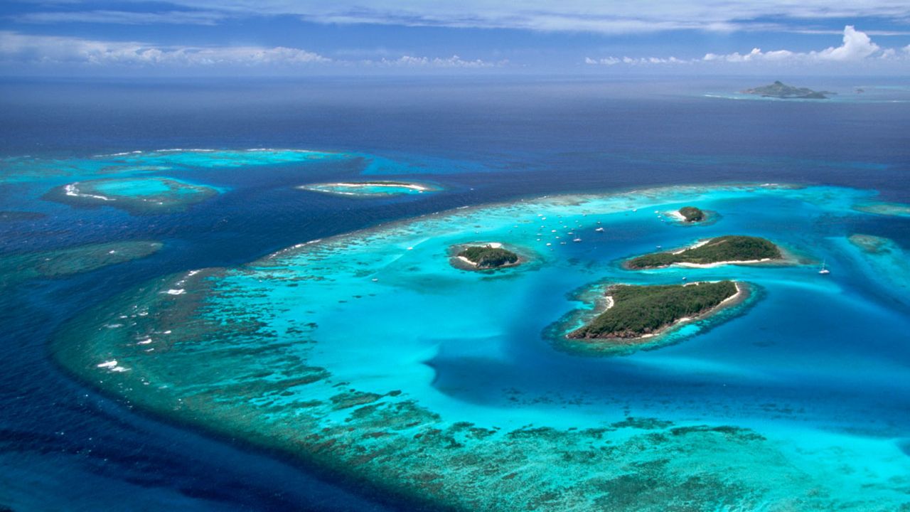 Aerial view of the Tobago Cays group of islands, St. Vincent and the Grenadines