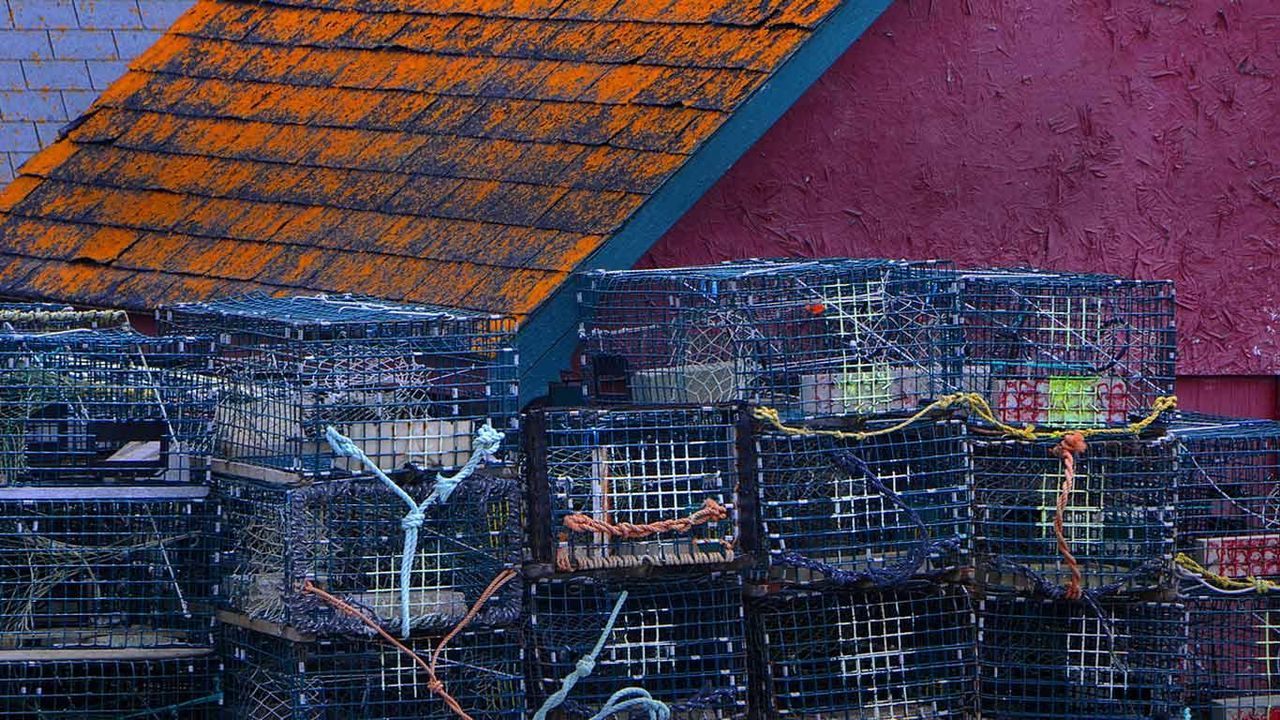 Lobster traps stacked waiting for the lobster fishing season on the Bay of Fundy in Canada.