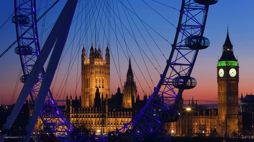 London Eye, Big Ben, and Palace of Westminster, London, England