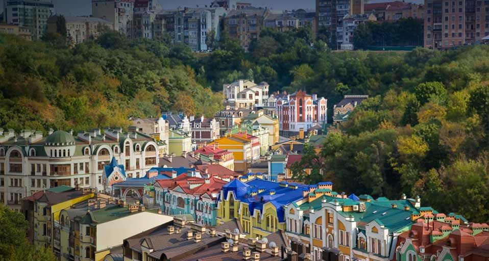 Elevated view over colorful buildings in a new residential area of Kiev, Ukraine