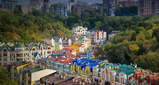 Elevated view over colorful buildings in a new residential area of Kiev, Ukraine
