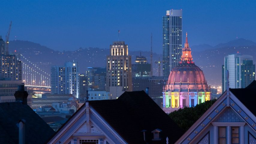 San Francisco City Hall lit up in rainbow lights for Pride, California