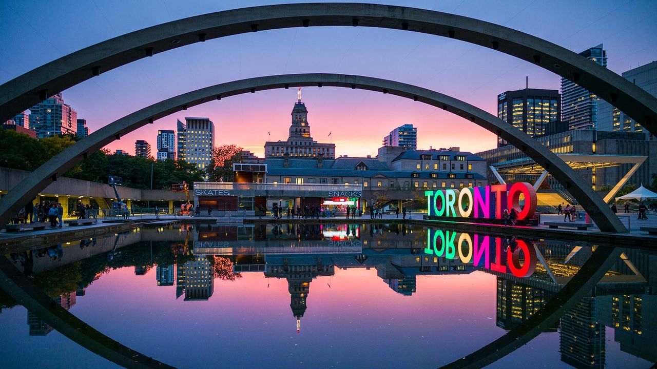 Toronto sign in Nathan Phillips Square by the City Hall, Toronto