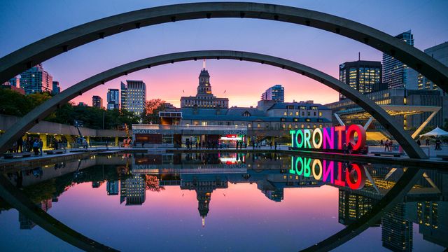 Toronto sign in Nathan Phillips Square by the City Hall, Toronto