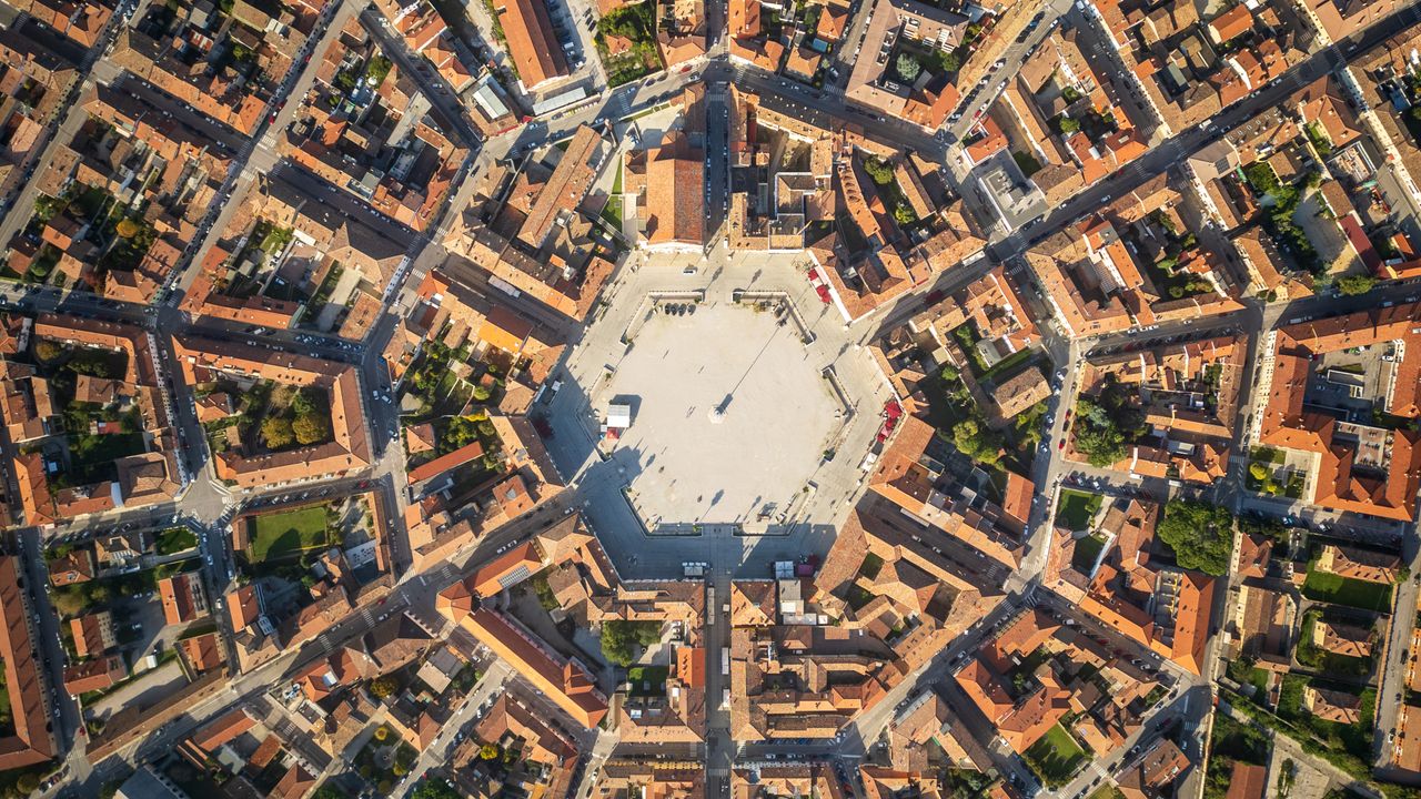 Aerial view of Palmanova, a fortress city in Friuli, Italy