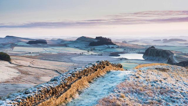 Frosty morning at Hadrian's Wall on Winshields Crags, looking towards Crag Lough in Northumberland