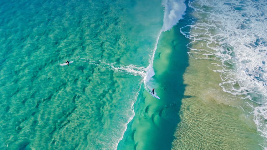 Surfeurs sur une vague à Palm Beach, Gold Coast, Queensland, Australie