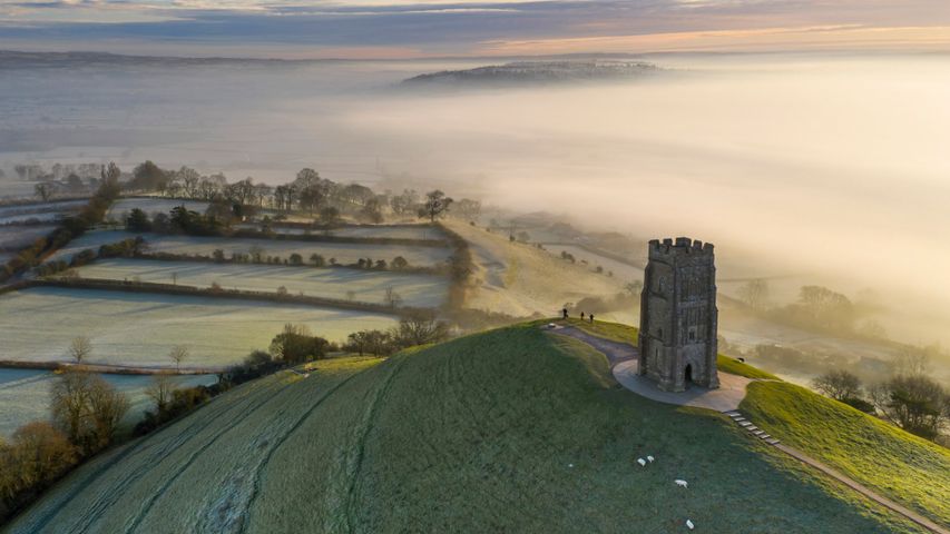 A frosty winter morning at Glastonbury Tor, Somerset