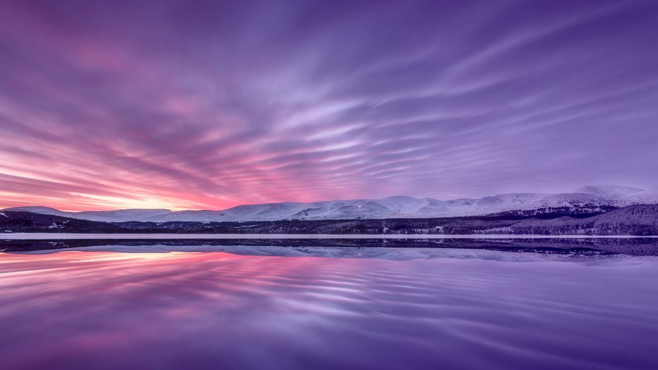 Snowy Mountains Purple Sunset Reflection, Scotland