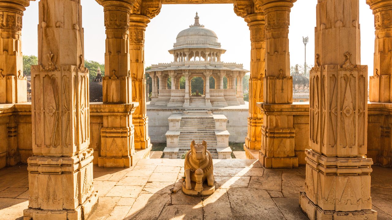 Inside of a temple at sunrise in India Udaipur