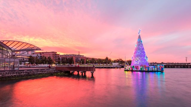 Sunset over The Carousel Pavilion with Christmas tree, Geelong