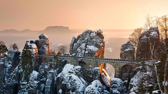 Bastei Bridge above the Elbe River in Saxon Switzerland National Park, Germany