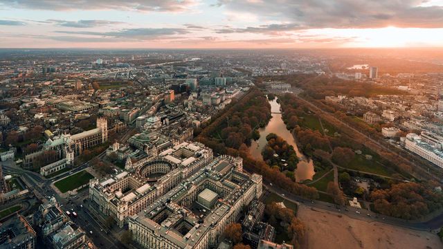 Aerial photograph over Whitehall and St James's Park, London