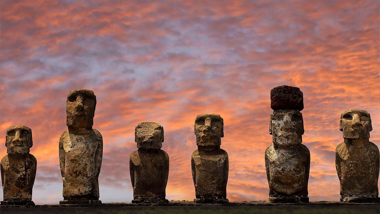 Moai statues at Ahu Tongariki in Rapa Nui National Park, Easter Island, Chile