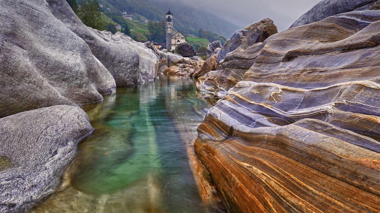 Rocks in the Verzasca River near the hamlet of Lavertezzo in the Valle Verzasca of Switzerland