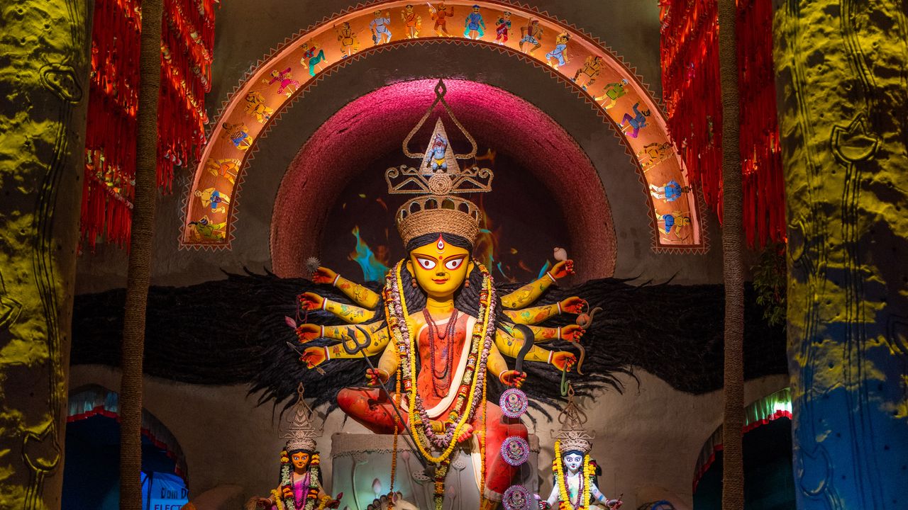 Goddess Durga idol at a puja pandal in Kolkata, West Bengal