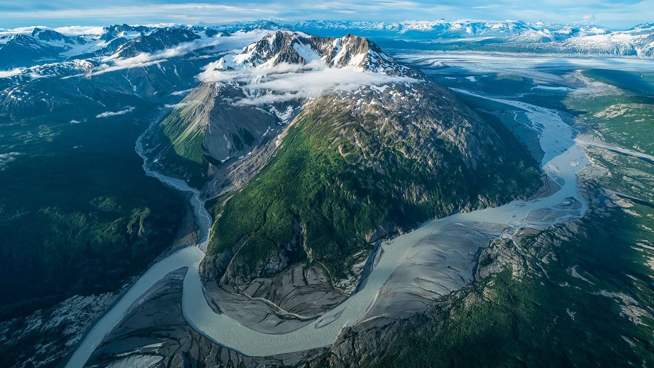 Aerial view of the glaciers and mountains of Kluane National Park and Reserve, near Haines Junction, Yukon, Canada