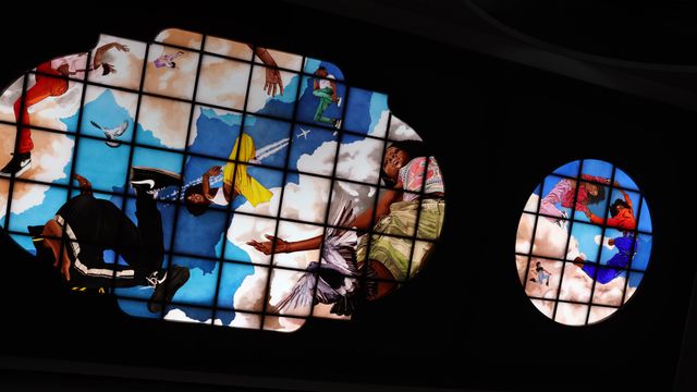 'Go' by Kehinde Wiley, displayed inside Moynihan Train Hall at New York City's Penn Station