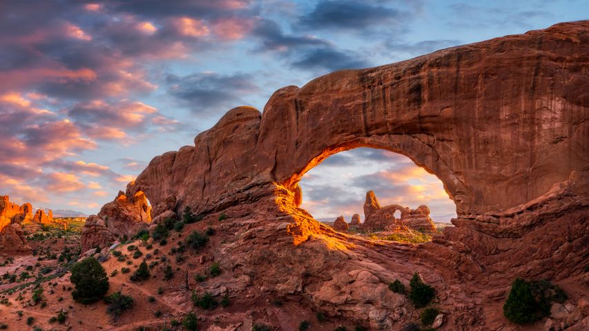 Evening light over North Window with Turret Arch in the distance, Arches National Park, Utah