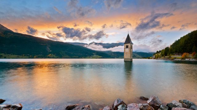 The bell tower in Lake Reschen in South Tyrol, Italy
