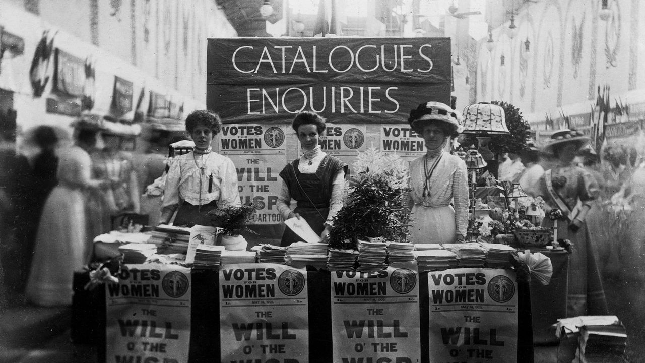 The catalogue and enquiries stall at the Women's Exhibition, London, May 1909.