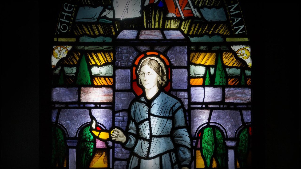 Painted and leaded glass window panel on display at the Florence Nightingale Museum, London, England