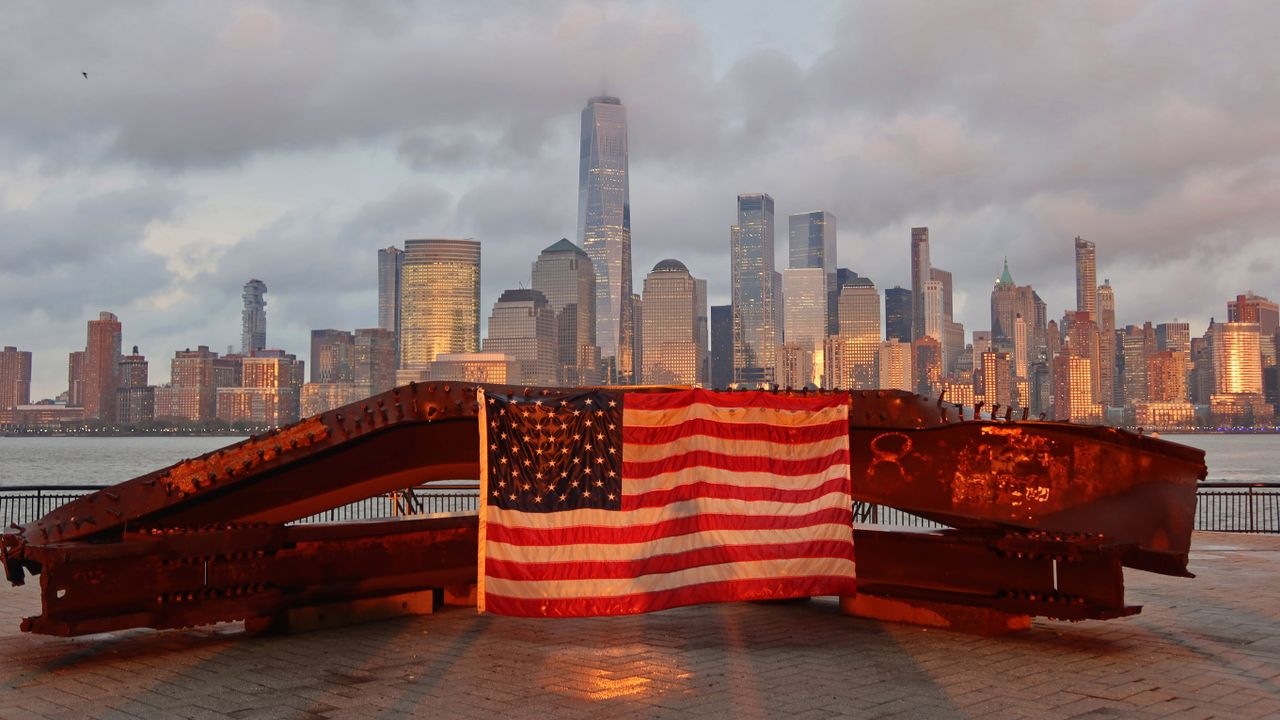 US flag on part of a 9/11 memorial overlooking the New York