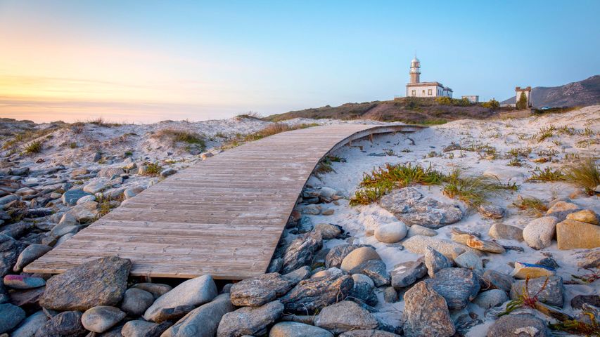 A twilit lighthouse