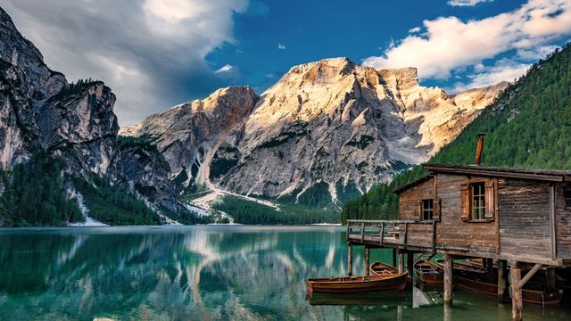 Lakeside boathouse, Pragser Wildsee, Dolomites, Italy