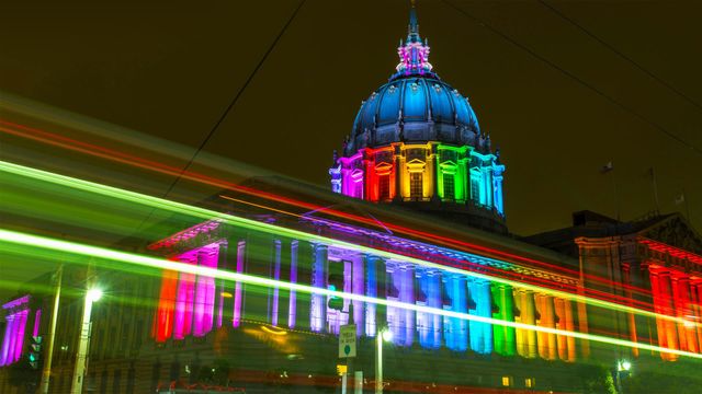 San Francisco City Hall lit with rainbow lights for Pride