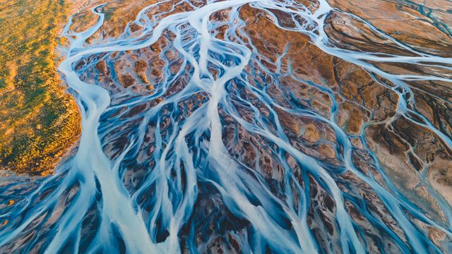Aerial view of glacial rivers in Iceland
