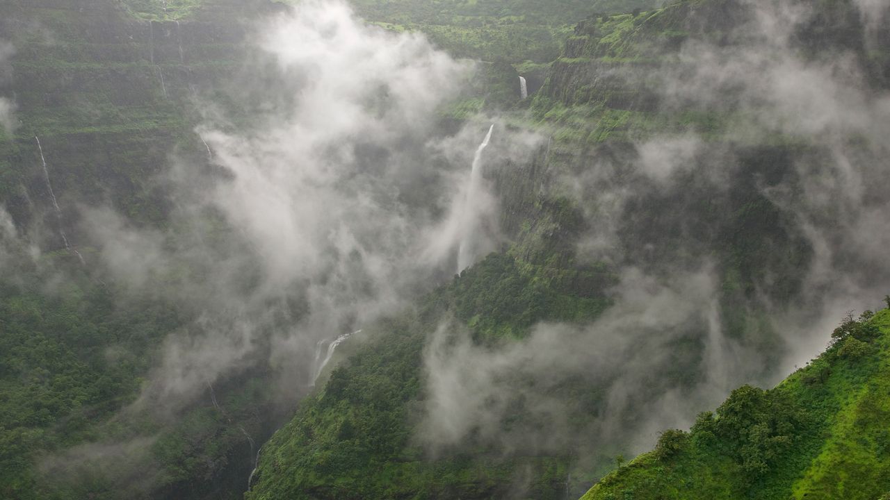 Sahyadri mountain range during the monsoon season in India