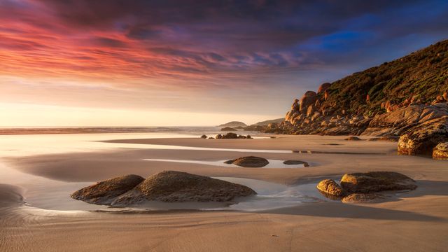 Beach in the evening light at Whisky Bay, Wilsons Promontory National Park, Victoria