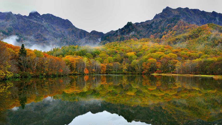 秋日景色倒映于镜池中，日本长野