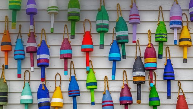 Multicoloured lobster buoys, Acadia National Park, Maine