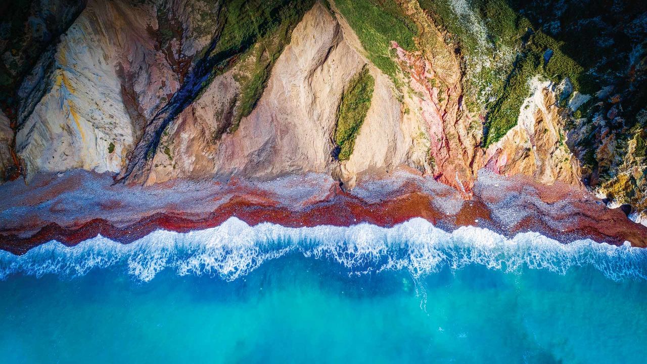 An aerial view of Alum Bay on the Isle of Wight
