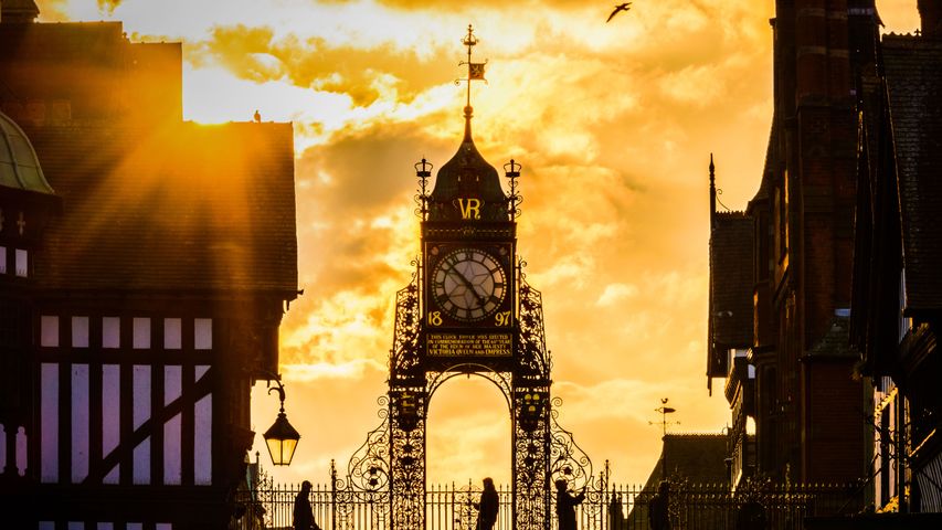 The sun sets over the Eastgate Clock in Chester.