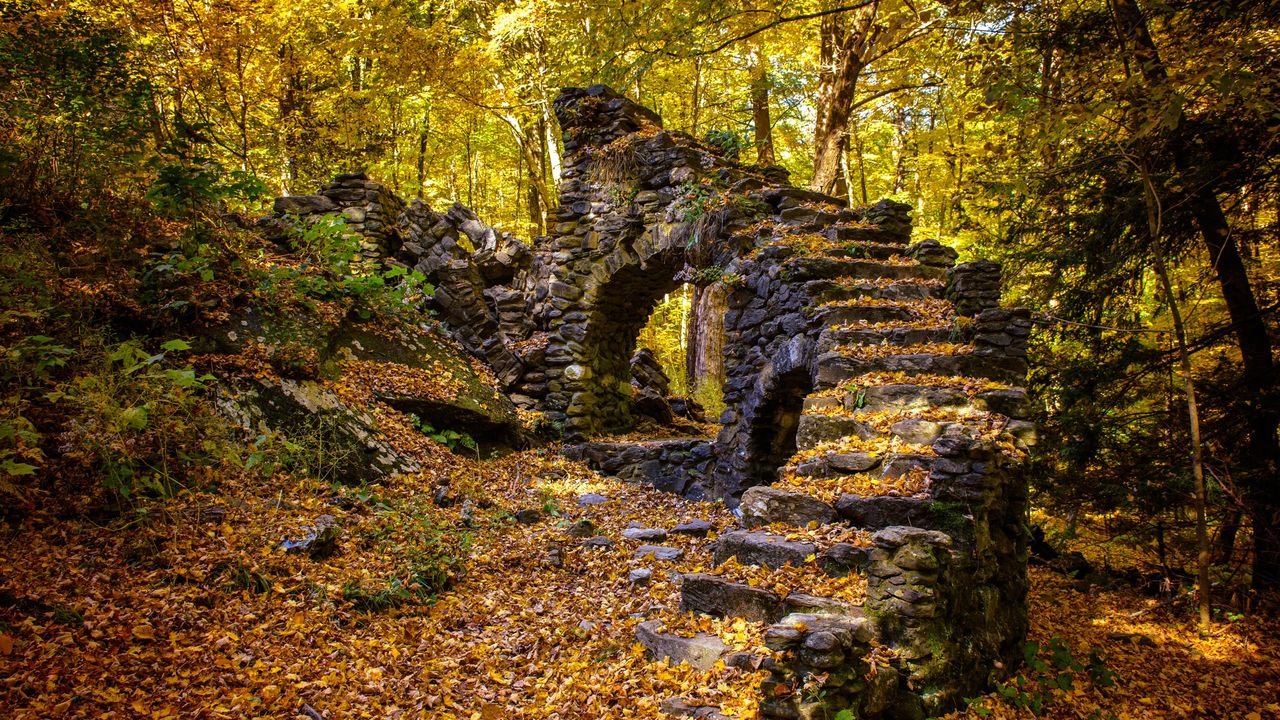 Madame Sherri Forest and the ruins of an old castle, New Hampshire