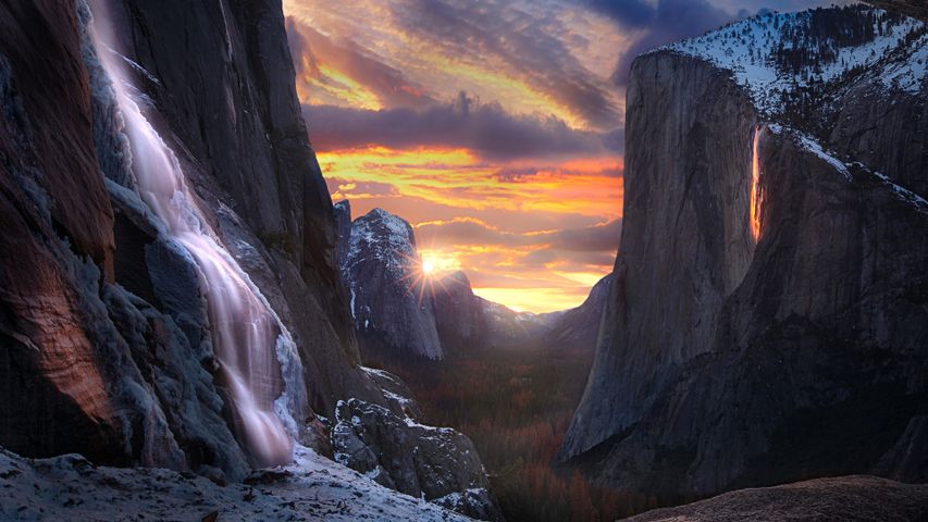 "Firefall" em Horsetail Falls, Yosemite National Park, na Califórnia, nos EUA