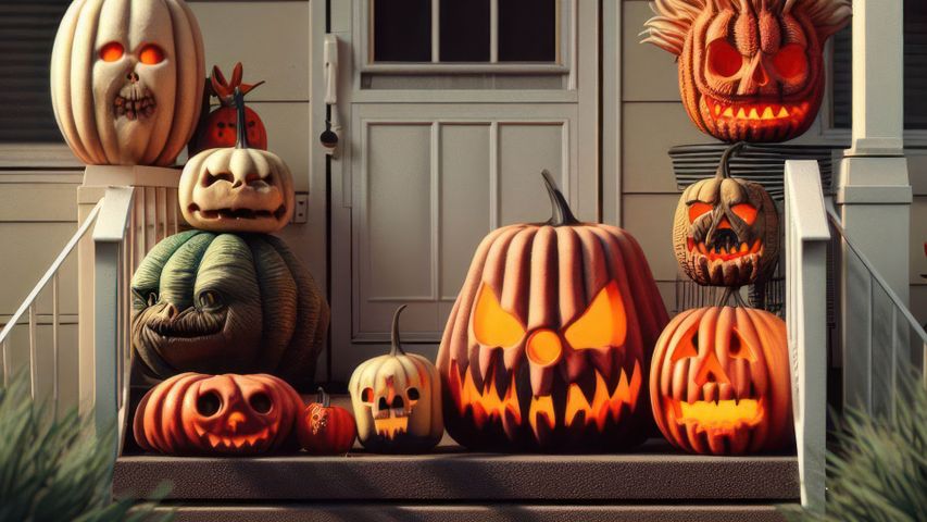 Halloween jack-o'-lanterns on a porch