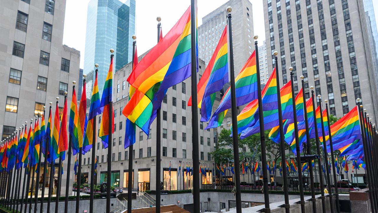 Rainbow flags at Rockefeller Center on June 28, 2020, New York City