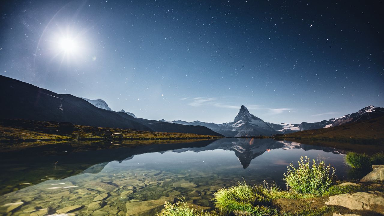 Starry Night Matterhorn Moon Lake Reflection, Switzerland