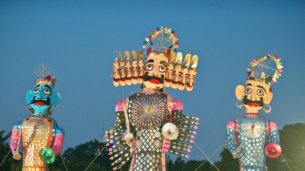 Effigies of Ravana, Meghanada, and Kumbhakarna in New Delhi, India