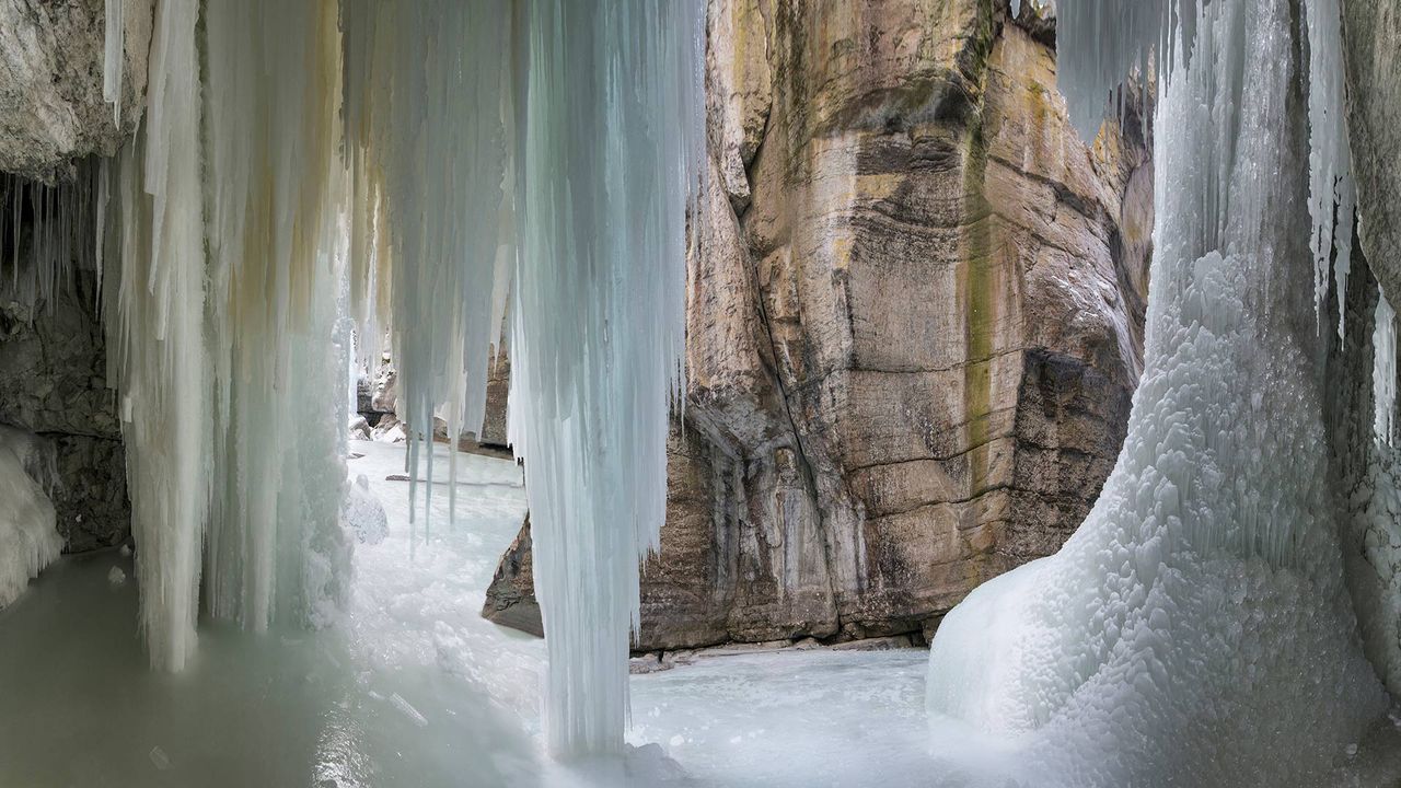 Majestic view of a frozen waterfall at Maligne Canyon, Jasper, Alta.