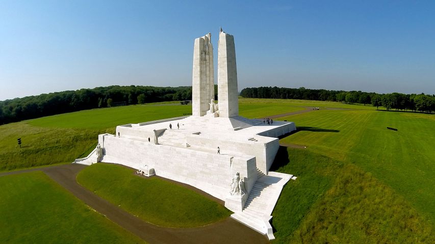 An aerial picture of the Canadian National Vimy Memorial in Vimy Ridge, France