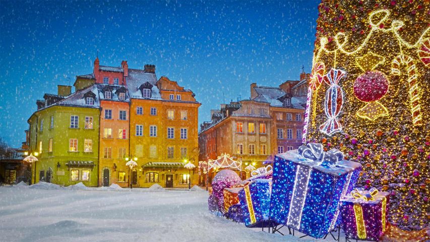 Holiday decorations in Warsaw, Poland, for Christmas