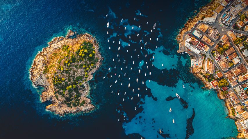 Luftbild der Insel Pantaleu nahe Sant Elm, Mallorca, Spanien
