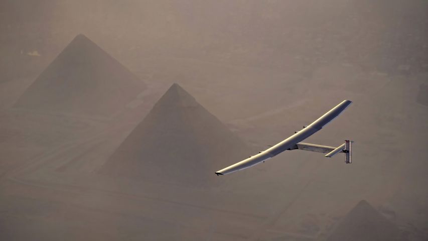 Solar Impulse 2 flying over the pyramids in Giza, Egypt