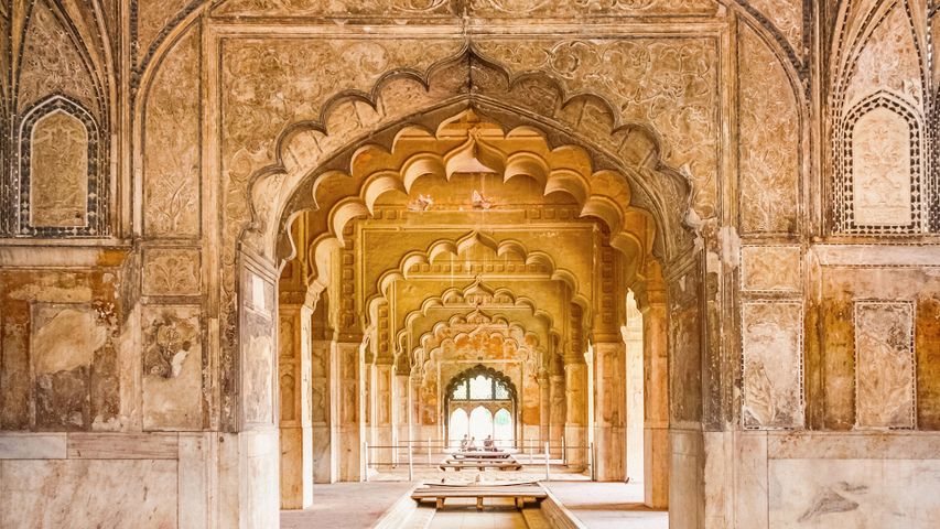 Ornate arcade at the Red Fort of Delhi, India